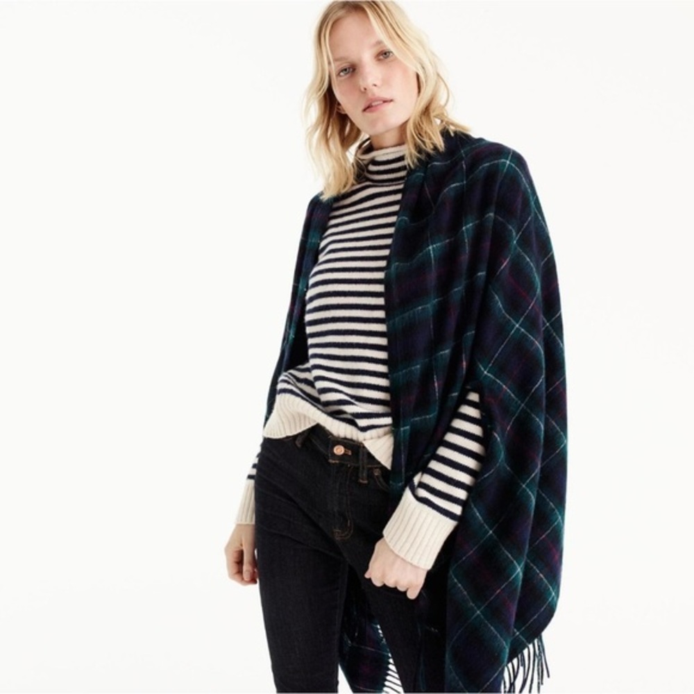 J.Crew Plaid Cape Scarf Navy Green Classic Tartan Check